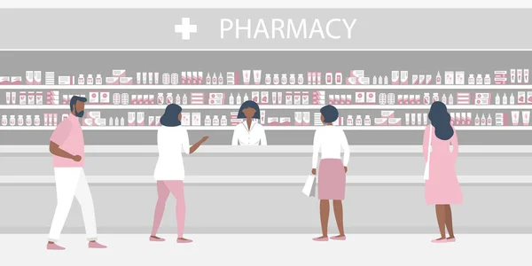 Pessoas Farmácia Farmacêutico Fica Perto Das Prateleiras Com Medicamentos Visitantes —  Vetores de Stock