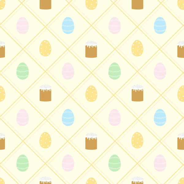 Easter Background Seamless Pattern Easter Cakes Colored Eggs Yellow Background — Stock Vector