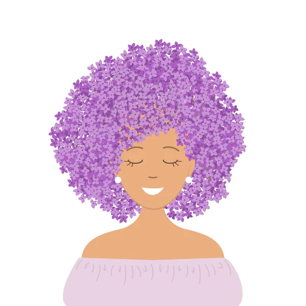 Portret Van Een Leuk Meisje Met Haar Van Lila Bloemen — Stockvector