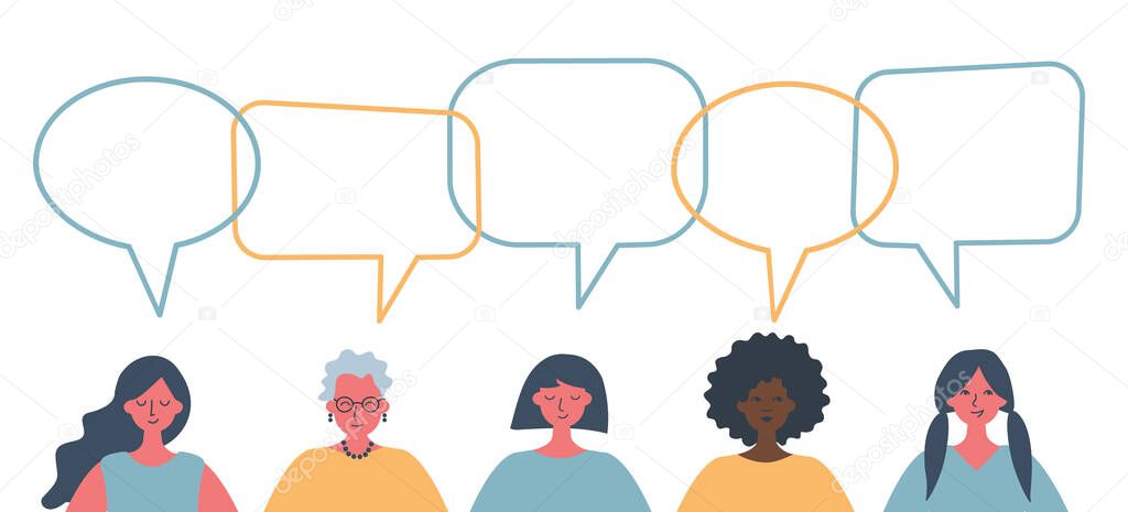 Women's community. International Women's Day concept. People icons with speech bubbles. There are women of different races, different ages in the picture. Vector illustration on a white background