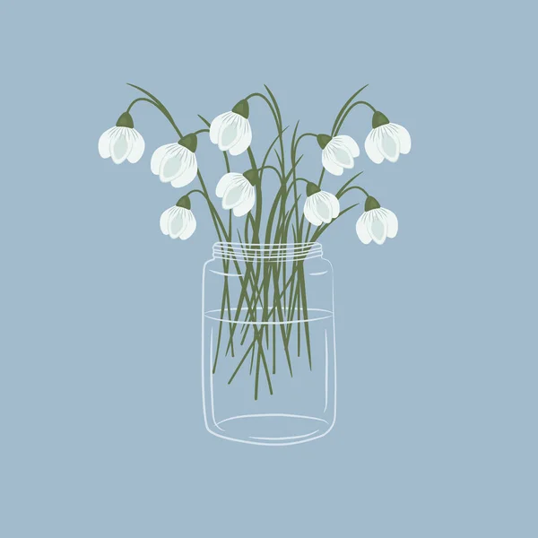 Cam Kavanozdaki Kardamlaları Bahar Çiçeği Buketi Çiçek Kompozisyonu Mavi Arkaplanda — Stok Vektör