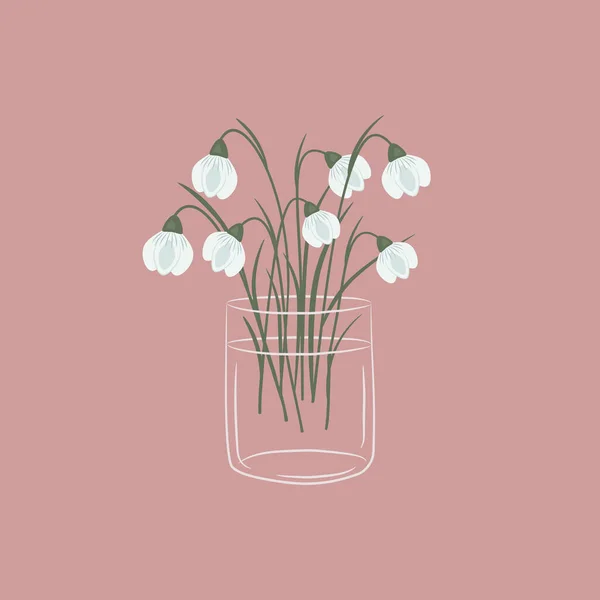 Schneeglöckchen Einer Glasschale Strauß Frühlingsblumen Florale Komposition Vektor Illustration Auf — Stockvektor