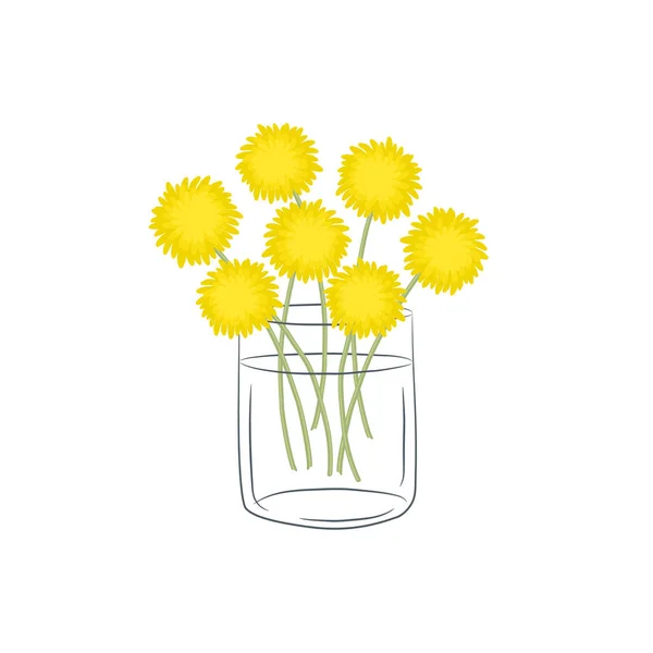 玻璃杯中的蒲公英 一束黄色的春花 花的构图 白色背景上的矢量说明 — 图库矢量图片