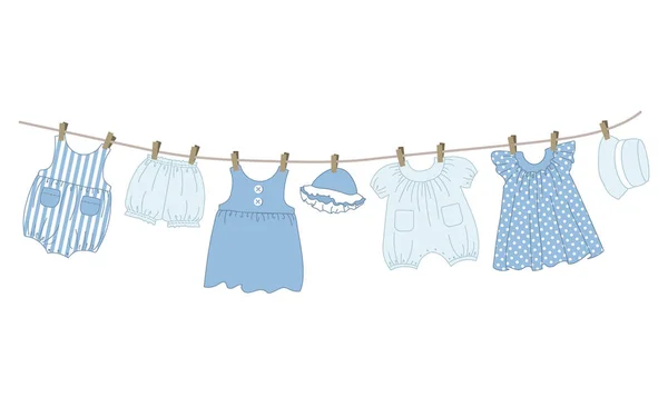 Babykleding Hangt Aan Waslijn Dingen Worden Gedroogd Wasknijpers Het Wassen — Stockvector