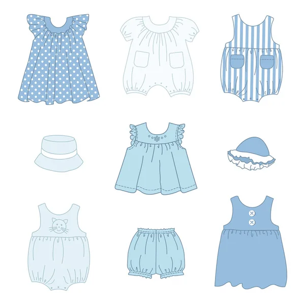 子供服のセット 赤ちゃん服 写真にはドレス ニッカーなどがあります 白い背景のベクトルイラスト — ストックベクタ