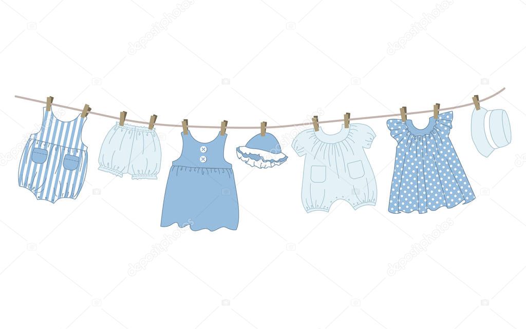 Baby clothes hang on the clothesline. Things are dried on clothespins after washing. Vector illustration in blue colors