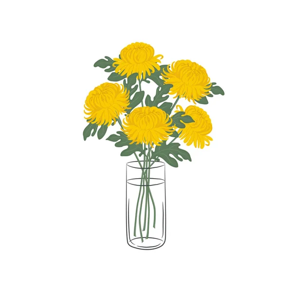 Crisantemos Jarrón Cristal Flores Amarillas Con Hojas Flores Otoño Composición — Vector de stock