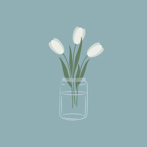 ガラス瓶の中のチューリップ 葉を持つ白い花 春の花 花の組成 青い背景のベクトル図 — ストックベクタ