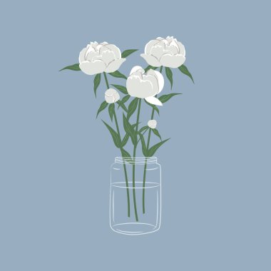 Cam kavanozdaki şakayıklar. Yapraklı beyaz çiçekler. Bahar çiçekleri. Çiçek kompozisyonu. Mavi arkaplanda vektör illüstrasyonu