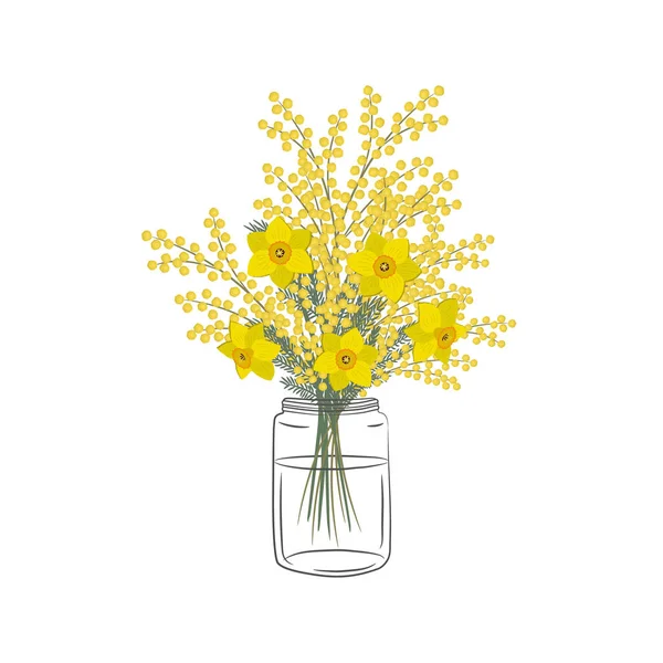 Mimosa Narcisos Frasco Vidrio Flores Amarillas Con Hojas Flores Primavera — Vector de stock