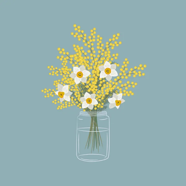 水仙花和水仙花在玻璃瓶里 黄色和白色的花 有叶子 花的构图 蓝色背景上的矢量图解 — 图库矢量图片