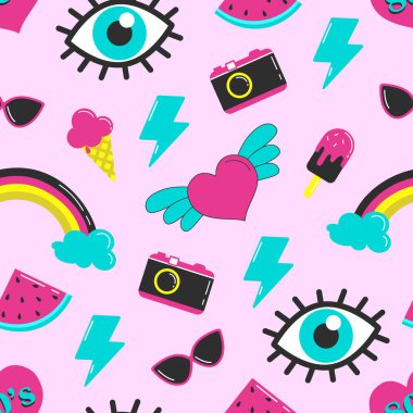 80 'lerin çıkartmalarıyla kusursuz bir arka plan. Çizgi roman tarzında ayarlanmış. Pembe arkaplanda vektör illüstrasyonu