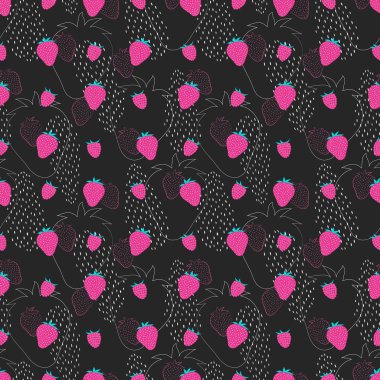 Çilek ve ahududu içeren soyut bir arka plan. Böğürtlenli, kusursuz yaz deseni. Siyah arkaplanda vektör illüstrasyonu.