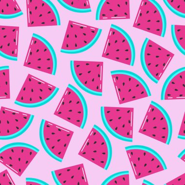 Karpuz dilimli parlak bir arka plan. Meyveli kusursuz yaz şablonu. Pembe arkaplanda vektör illüstrasyonu