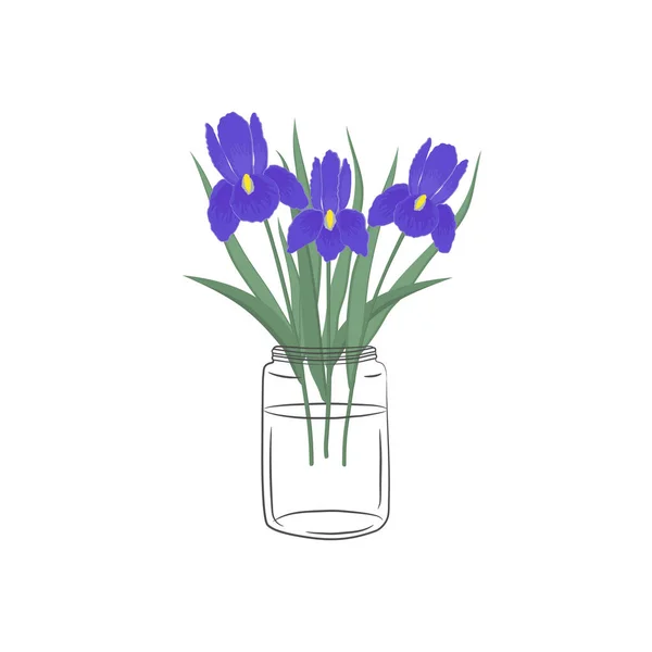 Irises Glass Jar Blue Flowers Leaves Spring Flowers Floral Composition — Stock Vector