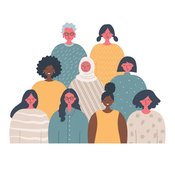 Kadın topluluğu. Kadın dayanışması. Uluslararası Kadınlar Günü konsepti. Resimde farklı ırktan, farklı yaşlarda kadınlar var. İnsanların simgeleri. Vektör illüstrasyonu.