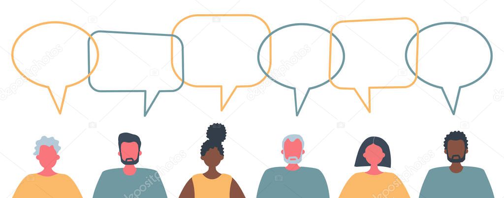 Communication of men and women. International community of people. People icons with speech bubbles. People of different races, different ages in the picture. Vector flat illustration