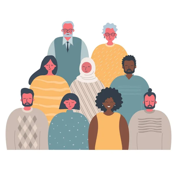 People community. International group of people of different sexes, races and ages. There are women, men, older people and young people in the picture. Vector illustration on a white background