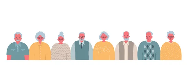 Yaşlılar topluluğu. Yaşlı erkekler ve yaşlı kadınlar bir arada duruyorlar. İnsanların simgeleri. Vektör illüstrasyonu