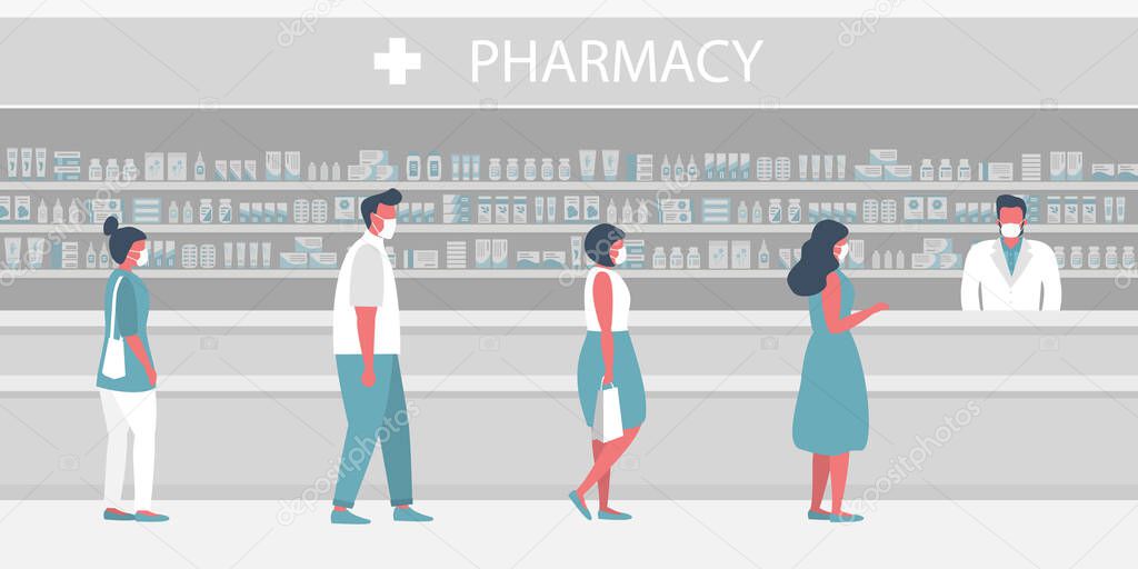 People in medical masks in the pharmacy. The pharmacist stands near the shelves with medicines. Visitors keep their distance in line.  Vector illustration in flat style
