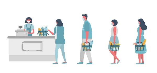 Coronavirüs salgını sırasında süpermarket. Tıbbi maskeli bir süpermarket kasiyeri. Antivirüs maskesi takan alıcılar güvende olmak için mesafelerini koruyorlar. İnsanların ellerinde yiyecek sepetleri var..