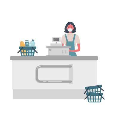 Coronovirüs salgını sırasında süpermarket kasiyeri web pankartı. Tıbbi maskeli genç bir kadın yazar kasanın arkasında duruyor. Resimde içinde ürünler olan bir sepet de var. Vektör düz resimleme