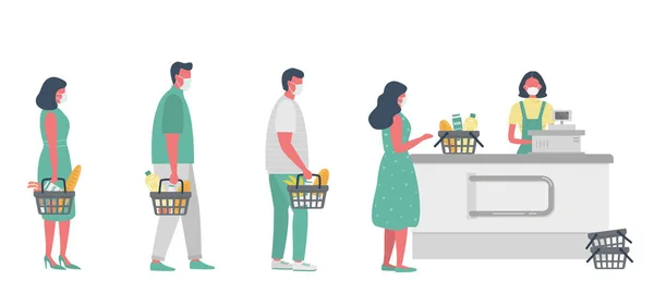 Coronavirüs salgını sırasında süpermarket. Tıbbi maskeli bir süpermarket kasiyeri. Antivirüs maskesi takan alıcılar güvende olmak için mesafelerini koruyorlar. İnsanların ellerinde yiyecek sepetleri var. Vektör