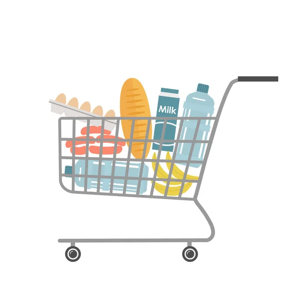 超级市场的购物车里满是食物和饮料 里面有面包 瓶装水 鸡蛋和其他产品 矢量平面插图 — 图库矢量图片