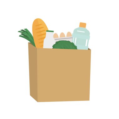 Yiyecek ve içecekler kese kağıdında. Yemek Teslimatı Konsepti. Resimde bir ekmek, bir şişe süt, su, lahana, yumurta ve yeşil soğan var. Beyaz arkaplanda vektör illüstrasyonu