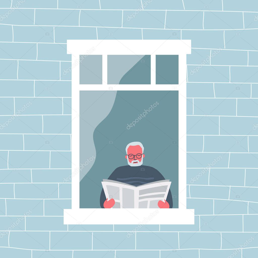 Elderly man is reading a newspaper by the open window. View from the street side. Funky flat style. Vector illustration