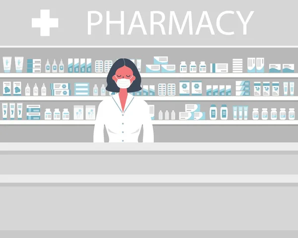 Φαρμακείο Κατά Διάρκεια Επιδημίας Φαρμακοποιός Ιατρική Μάσκα Στέκεται Κοντά Στα — Διανυσματικό Αρχείο