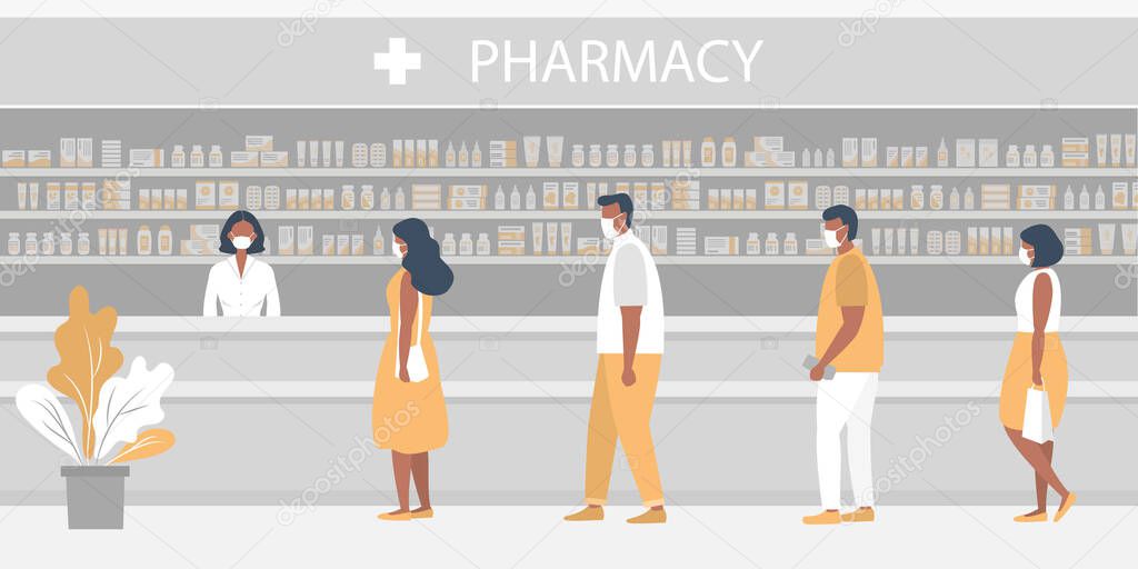 Pharmacy during the coronavirus epidemic. People in medical masks in the pharmacy. The pharmacist stands near the shelves with medicines. Visitors keep their distance in line. Vector illustration