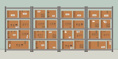 Depo. Depo. Karton kutuları olan raflar. Depo rafları. Vektör düz resimleme