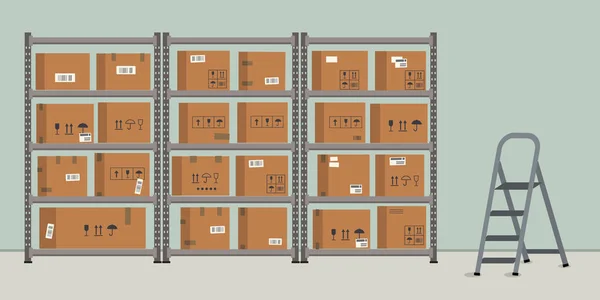 Lagerhaus Lagerung Regale Mit Kartons Lagerregale Gibt Auch Eine Trittleiter — Stockvektor