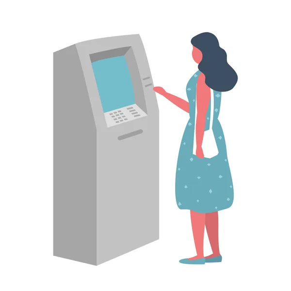 Mujer Retira Dinero Cajero Automático Joven Usa Terminal Ilustración Vectorial — Vector de stock