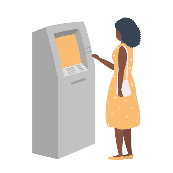 黑人妇女从自动取款机上取钱 年轻妇女使用终端 平面样式的矢量图解 — 图库矢量图片