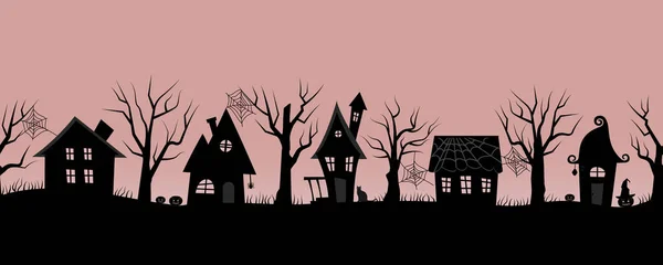 ハロウィンハウス 気味の悪い村だ 国境はシームレスだ ピンクの背景に家や木の黒いシルエット 写真の中にはカボチャと猫もいます ベクターイラスト — ストックベクタ
