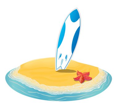 Deniz manzara yaz plaj, kum sıkışmış sörf tahtaları. bir adada tatil mesafe için. koleksiyon. Vektör düz çizim