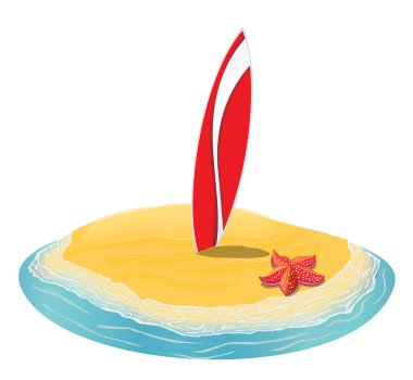 Deniz manzara yaz plaj, kum sıkışmış sörf tahtaları. bir adada tatil mesafe için. koleksiyon. Vektör düz çizim