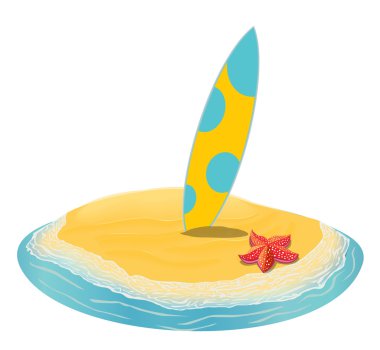 Deniz manzara yaz plaj, kum sıkışmış sörf tahtaları. bir adada tatil mesafe için. koleksiyon. Vektör düz çizim