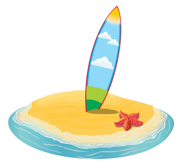 Praia de verão paisagem do mar, pranchas de surf preso na areia. do para a ilha na distância em férias. coleção. Ilustração plana vetorial — Vetor de Stock