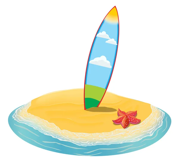 Deniz manzara yaz plaj, kum sıkışmış sörf tahtaları. bir adada tatil mesafe için. koleksiyon. Vektör düz çizim