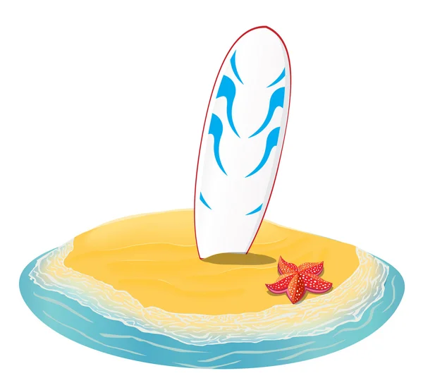 Praia de verão paisagem do mar, pranchas de surf preso na areia. do para a ilha na distância em férias. coleção. Ilustração plana vetorial — Vetor de Stock