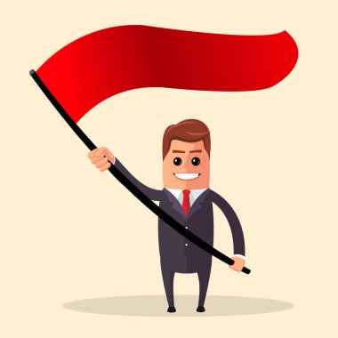Vektör çizim. Başarılı iş adamı. Kırmızı bayrak ile ayakta işadamı.