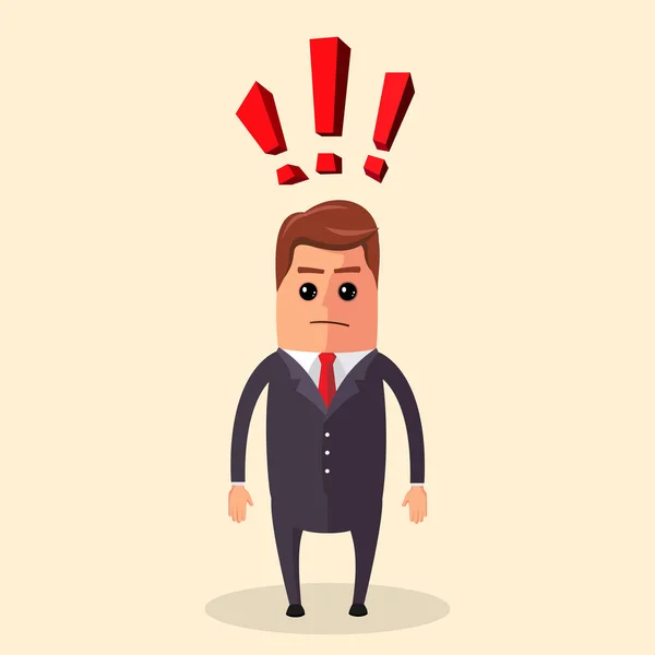 Flat illustration. Manager character or businessman having a question and  lot of exclamation marks.   is thinking about  something. — Stock Vector