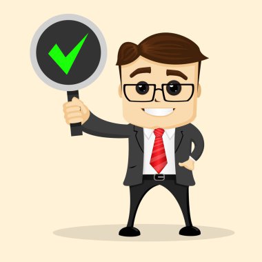 Gülümseyen ve bir elinde bir işaret ile ayakta Bussinesman veya Yöneticisi karakter. Vektör düz çizim.