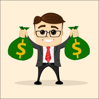 Vektör düz çizim. Çantası para dolu bir işletme müdürü ya da iş adamı. İş adamı doları. Mutlu karakter   .