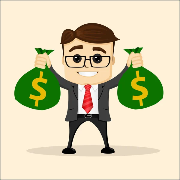 Vektör düz çizim. Çantası para dolu bir işletme müdürü ya da iş adamı. İş adamı doları. Mutlu karakter   .