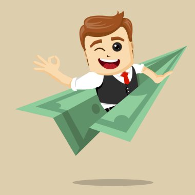 Doları uçakta uçan vektör işadamı.