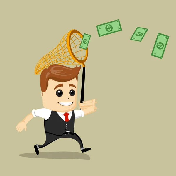 Businessman catching money with a butterfly net. Vector illustration. Dollars and Finance — Stock Vector